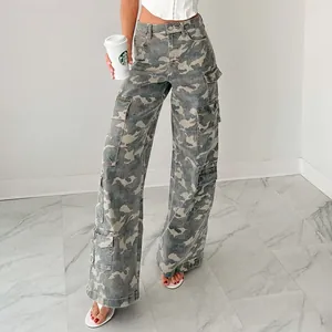 Close-up of women's camouflage cargo straight-leg distressed denim pants with pockets