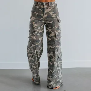 Close-up of women's camouflage cargo pants showing side pockets and straight-leg fit.