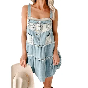 Vestido mini vaquero tipo pichi con bolsillos de encaje y tirantes ajustables chic