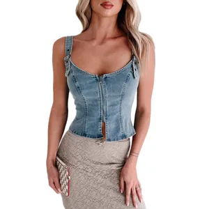 Stylish blue denim sleeveless zipper vest corset top for women with vintage wash finish