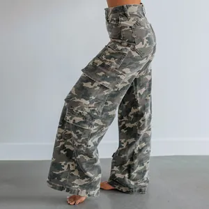 Side view of women's camo cargo jeans with large utility pockets and wide-leg fit