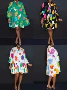 Floral printed loose V-neck shirt dress with long sleeves and ruffled hem details