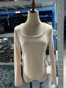 Detail of cream ribbed long-sleeve T-shirt featuring square neck and curved hem