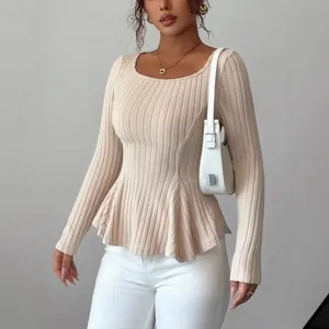 Women Peplum Ribbed Knit Long Sleeve Top Backless Back Cutout With Bow Tie Sexy Y2K Slim Fit Knitted Peplum Sweater Top