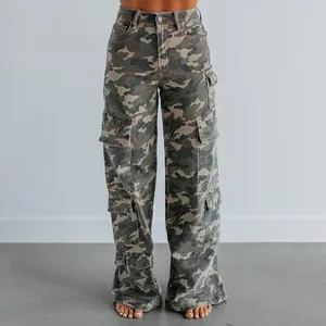Detail view of women's camouflage cargo jeans with distressed finish and straight leg fit.