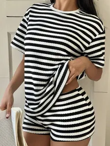Casual women's striped T-shirt and shorts set showing the soft and textured fabric