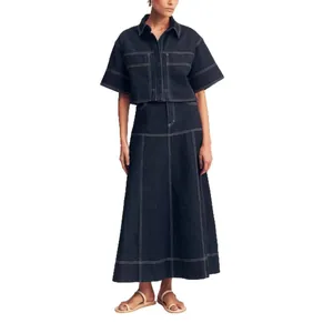 Women's 2025 summer casual denim two-piece set with contrast stitching shirt and skirt