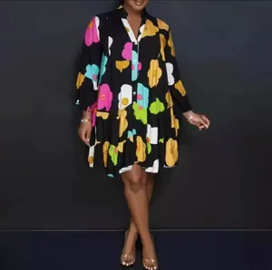 Loose V-neck floral print dress with long sleeves and tiered swing hem for women