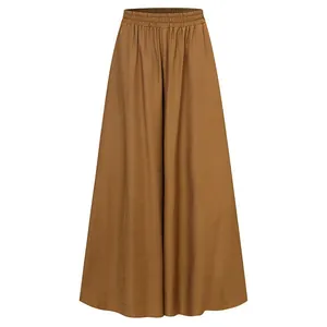 High-waist elastic band on brown wide-leg palazzo pants with smooth texture