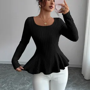 Elegant black ribbed long-sleeved peplum top for women, chic y2k style knitted base shirt