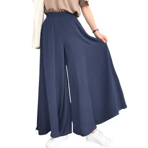 High-waisted wide leg pants with elastic waist in navy blue for relaxed beach casual wear