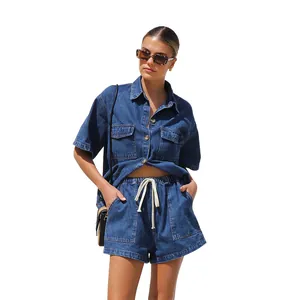 Two-piece denim set with short-sleeved pocket shirt and drawstring shorts for women