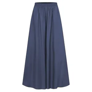 Summer loose plus size wide-leg pants with high elastic waist in navy blue color