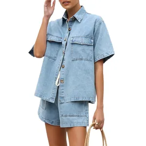 Casual loose light blue denim two-piece set with short sleeve shirt and shorts