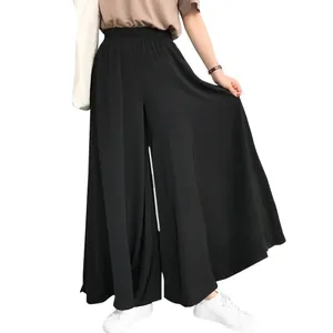Detailed view of black wide-leg palazzo pants with an elastic high waist