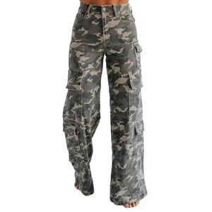 Women's high-waisted camouflage cargo jeans with multi-pocket straight leg design