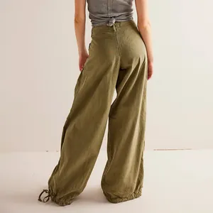Back view of olive green relaxed wide-leg pants with adjustable drawstring hem