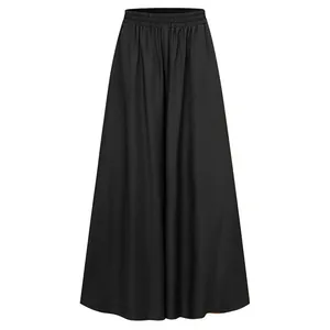 Front view of black wide-leg trousers featuring a comfortable elasticated waistband.