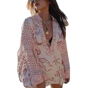 Bohemian V-hals shirt met lange mouwen en shorts set met oceaanprint voor vakantie