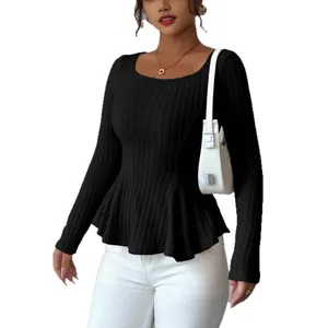 Elegant long sleeve black ribbed knit peplum top for women slim fit casual daily wear