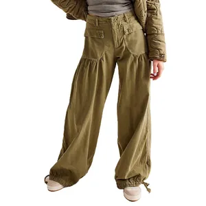 Casual women's olive green washed loose wide-leg cargo pants for autumn fashion
