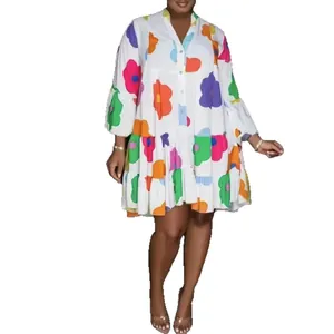 Colorful floral print loose V-neck shirt dress with long sleeves and ruffled hem