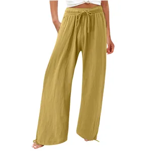 Comfortable women's mustard yellow wide leg casual pants with elastic drawstring waist