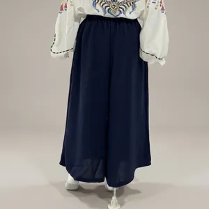 Back view detail of navy blue wide-leg pants with comfortable elastic waist