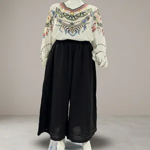 Summer plus size loose wide-leg pants paired with ethnic print long sleeve boho top