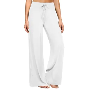 Comodi pantaloni a gamba larga a vita alta per donna con coulisse regolabile bianco