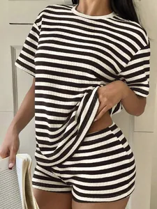 Casual women's summer striped short sleeve T-shirt and shorts lounge set in black and white