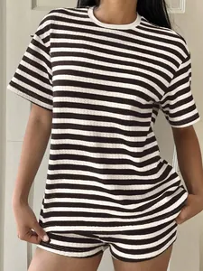 Women Summer Casual Striped Short Sleeve T-Shirt Shorts Top And Bottom Set Vintage Slouchy Loose Retro Matching Outfit
