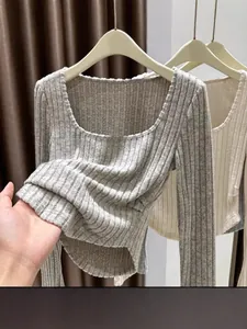 Women Slim Fit Square Neck Long Sleeve T-Shirt Brushed Ribbed Knit Curved Hem Sexy Top Spring Base Layer For Women