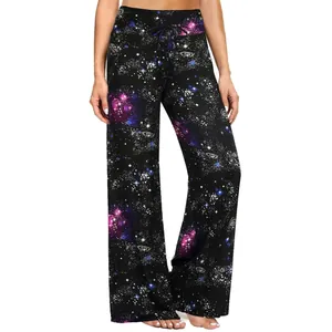 Pantaloni fitness a gamba larga e vita alta con stampa galassia e coulisse in vita