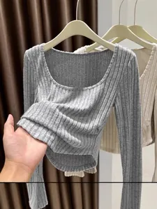 Slim fit long sleeve ribbed T-shirt with square neck and curved hem in grey
