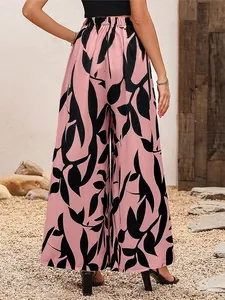 Pantalon large en mousseline à taille haute pour femme, rose avec imprimé feuilles noires, été