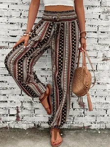 Women Bohemian Ethnic Print Pants High Smocked Waist Joggers Paisley Harem Pants Casual Vacation Long Trousers
