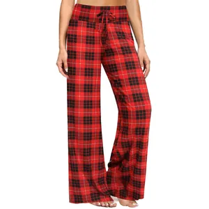 Vista completa dei pantaloni larghi a quadretti rossi e neri a vita alta da donna.