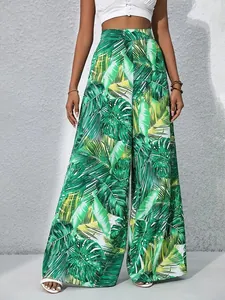 Women's vibrant green tropical leaf print high-waisted wide-leg casual summer pants