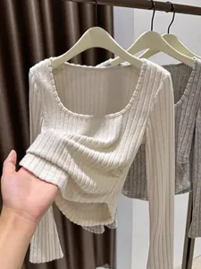 Premium slim fit square neck long sleeve ribbed top shown in cream and grey colors