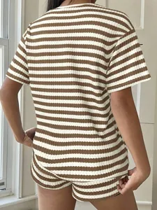 Back view of women's brown striped waffle knit short sleeve T-shirt and shorts set