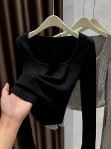 Black ribbed long-sleeved slim-fit T-shirt with a stylish square neckline design