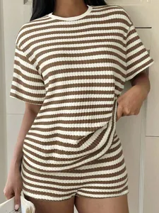 Casual women's vintage brown and white striped short sleeve t-shirt and shorts set