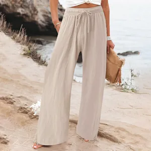 Casual high-waisted wide-leg beige linen blend trousers with elastic drawstring waist
