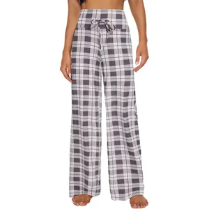 Pantaloni da relax a quadri grigi da donna con vita alta e gamba larga con coulisse