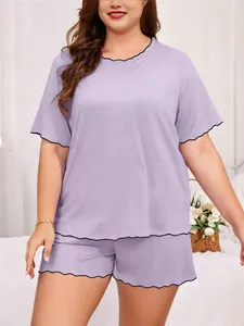 Women's plus size solid lavender loungewear set with wavy black trim for summer comfort