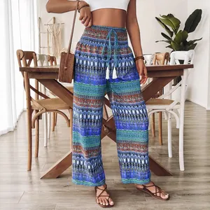 Pantalon de loisirs élégant à imprimé bohème, taille haute élastique et cordon de serrage