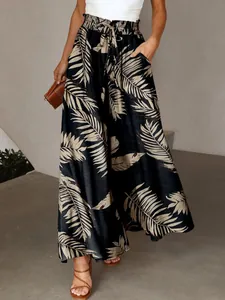 Eleganti pantaloni a gamba larga a vita alta con stampa a foglie e comoda coulisse in vita