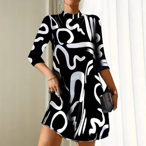 Elegant black and white abstract print mini dress with 3/4 sleeves for women