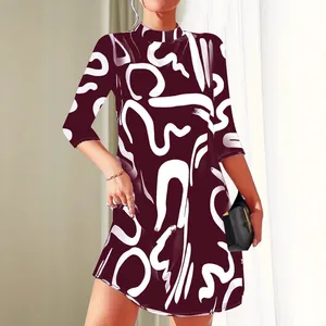 Elegant burgundy women's dress with stylish white abstract graphic prints
